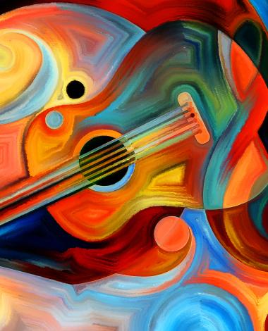 Swirling rainbow colours forming a guitar