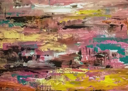 Close up of a painting, in pink and yellows. 