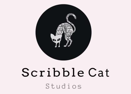 Logo for Scribble Cat Studio, a drawing of a cat in a black circle. 
