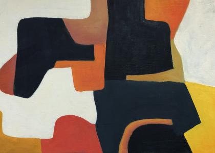 painting of geometric shapes in orange, red, yellow, black and white