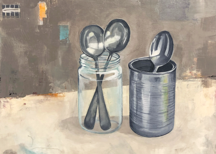 oil painting of two spoons in a glass jar and one spoon in a tin on a table