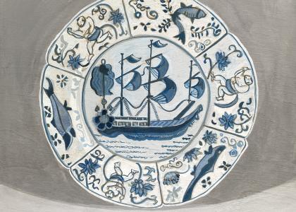 watercolour painting of a blue delft inspired plate