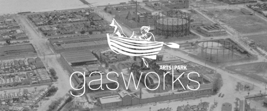 Historica aerial view photo of Gasworks and surrounding area. Black and White image with overlay white text and logo of Gasworks Arts Park. 